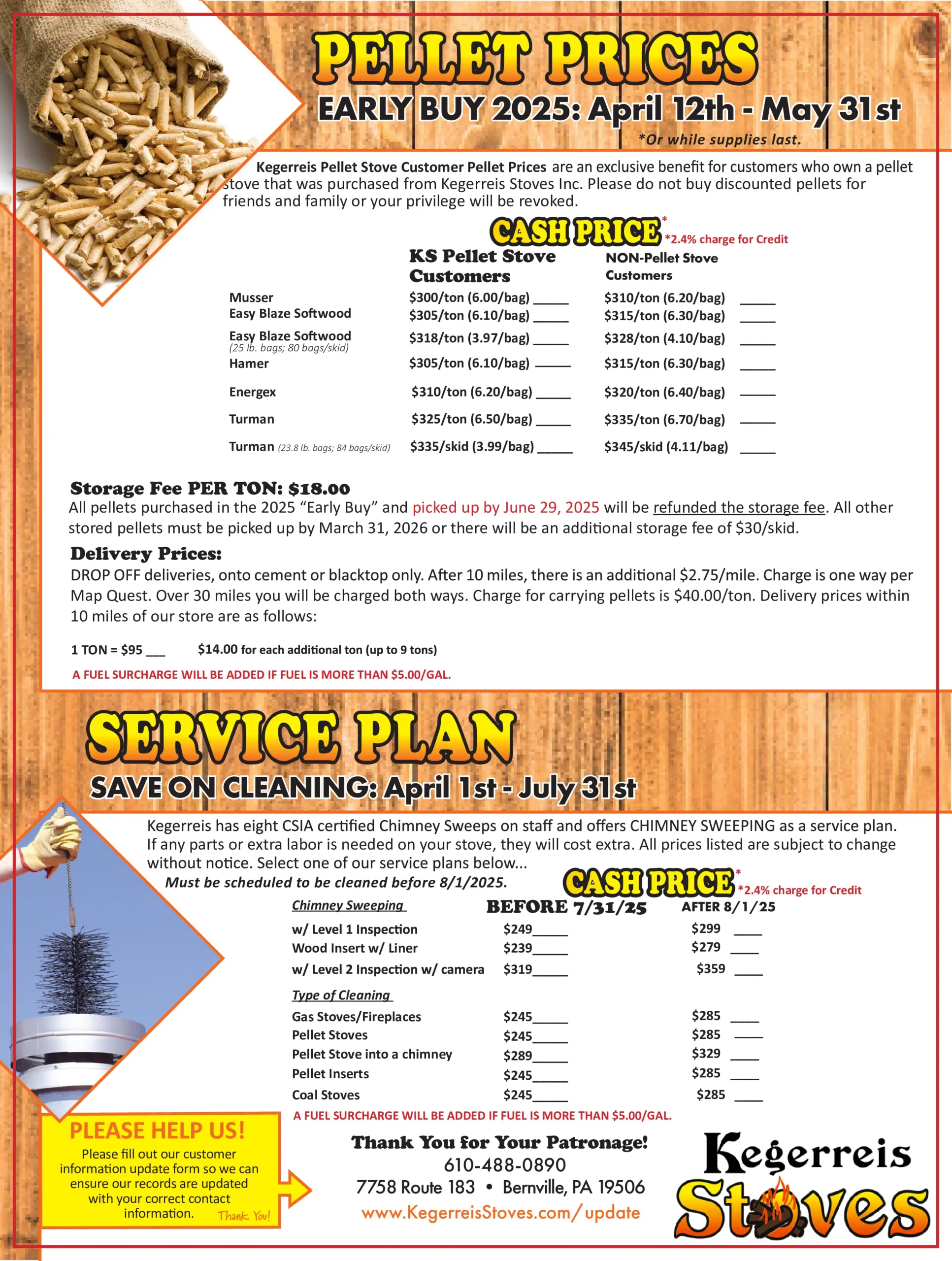Graphic that depicts the early pellet pricing offered at Kegerreis Stoves as well as service plan pricing. 
