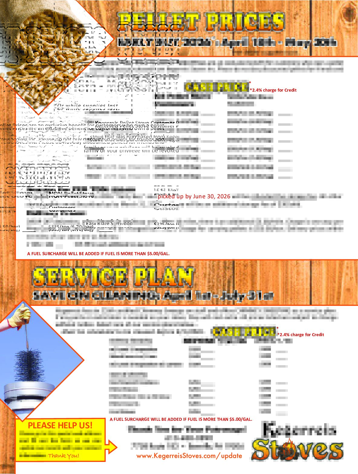 Graphic that depicts the early pellet pricing offered at Kegerreis Stoves as well as service plan pricing. 